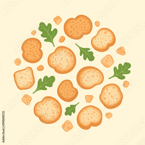 Delicious croutons and fresh arugula leaves arranged on a light yellow background.