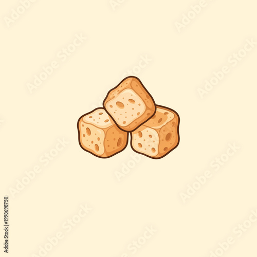 Three delicious, golden-brown croutons arranged on a soft, yellow background.