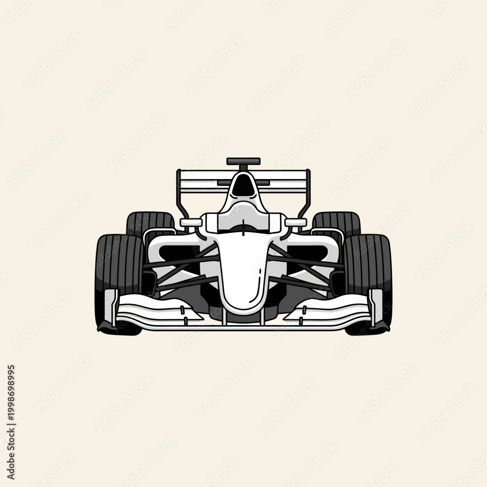 Fototapeta premium Monochrome illustration of a Formula 1 race car, front view, isolated on beige background.