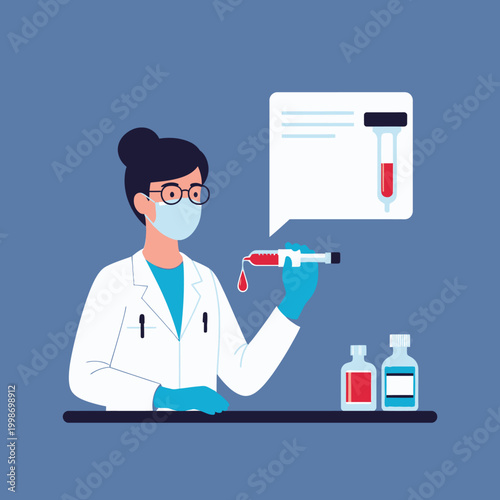 Scientist in lab coat analyzes blood sample for medical research.