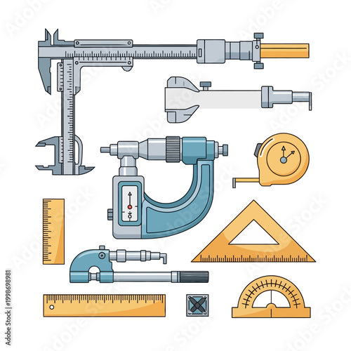 Collection of various measuring tools and instruments for engineering and construction.