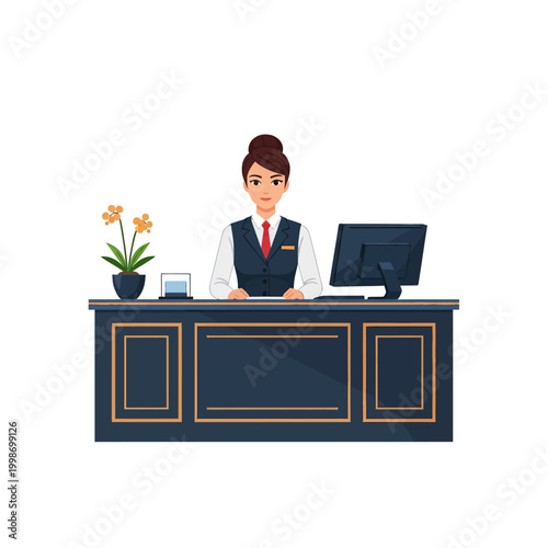 Friendly hotel receptionist standing behind the front desk, ready to assist guests.