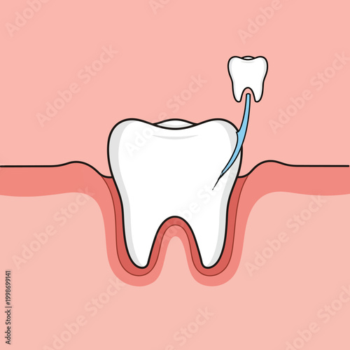 Cartoon illustration of a tooth being extracted from the gum, dental care concept.