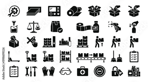 Detailed Packaging, Logistics, and Production Line Process Icons Set on Isolated White Background