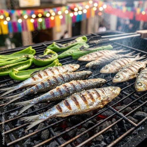 Grilled Sardines and Peppers on a Barbecue Grill at Festival.