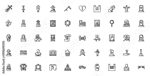 Funeral icon set. Vector symbols pack for memorial, grief and ceremony. Includes grave, coffin, urn, angel, cross, prayer, candle, flowers and more. Editable stroke.