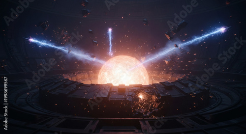 A magnificent futuristic energy core radiates immense power, unleashing electrifying blue beams within a colossal, ancient alien structure, portraying a monumental cosmic spectacle