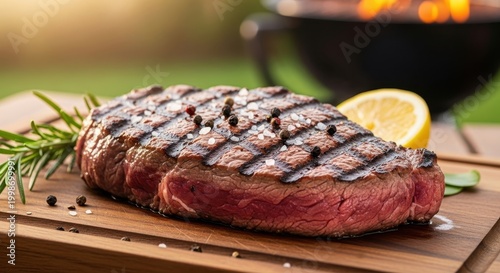 Grilled Steak with Rosemary and Lemon on Wooden Board.