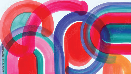 Abstract painting featuring overlapping semi-circular brushstrokes in vibrant shades of red, pink, blue, and teal on a plain white background, creating a dynamic and flowing rhythmic composition