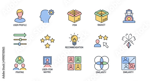 Set of colorful line icons representing various concepts and actions.