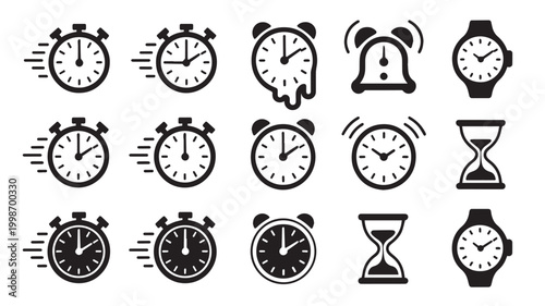 Collection of fifteen black silhouette representing various timekeeping devices including stopwatches, alarm clocks, wristwatches, and hourglasses arranged in a grid on a white background surface