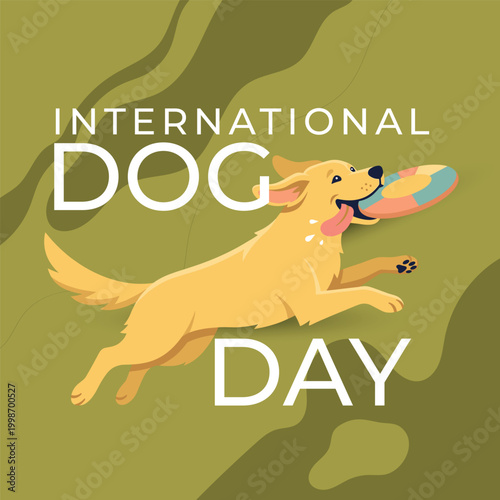 A golden retriever dog joyfully leaps with a colorful frisbee in its mouth, celebrating International Dog Day against a green abstract background.