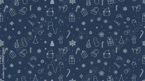 Seamless winter holiday pattern featuring white line of christmas trees, snowflakes, gift boxes, and candy canes on a dark blue background, for festive wrapping, paper and textile prints