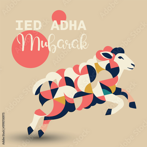 Stylized geometric sheep jumping with 'Eid Adha Mubarak' text on a beige background, celebrating the Islamic festival.