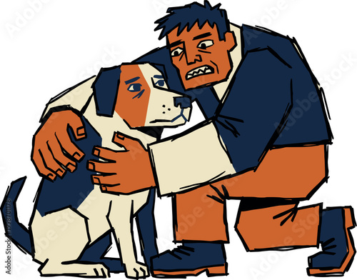 An illustration depicting a man kneeling and embracing his sad-looking dog, conveying a sense of worry and comfort.