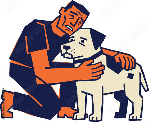 A graphic illustration depicting a man kneeling and embracing a sad-looking dog, showing a moment of comfort or shared sorrow.