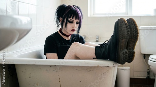 This image serves as a metaphor for the stagnant, dry emptiness of modern ennui. Sitting fully clothed in a barren tub reflects a soul trying to find comfort in a vessel that can no longer hold water.