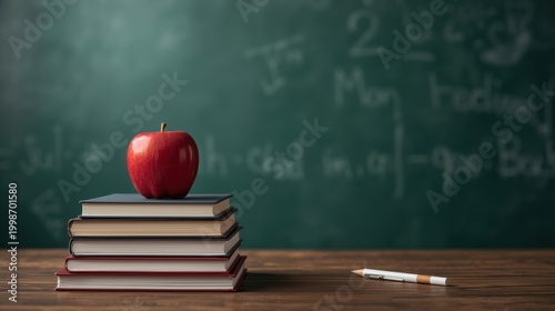 Teacher's workspace with red apple on books and chalkboard background