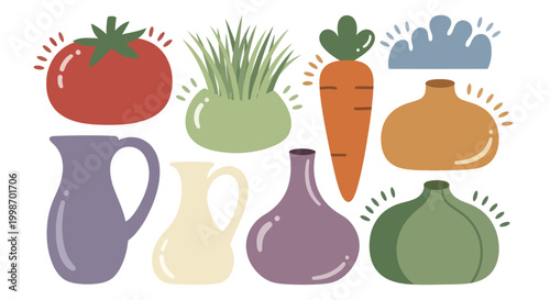 Vibrant Collection of Fresh Vegetables and Elegant Vases.