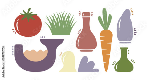 Vibrant Collection of Fresh Vegetables and Abstract Bottles.