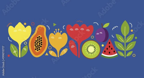 Vibrant illustration of various fruits and flowers in a decorative style.