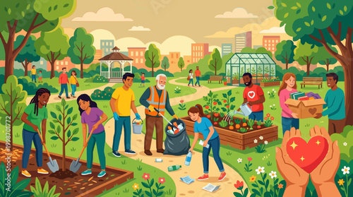 Flat vector volunteer and community service illustration, diverse group of cheerful volunteers working together, planting trees cleaning park picking up litter