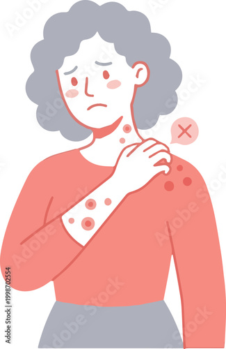 Woman experiencing red skin rash on her arm and shoulder, depicting allergic skin irritation.