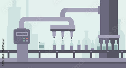 Automated Bottle Filling Machine on a Production Line.