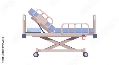 Adjustable Hospital Bed with Wheels and Rails.
