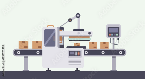 Automated factory production line with robotic arm packaging boxes.