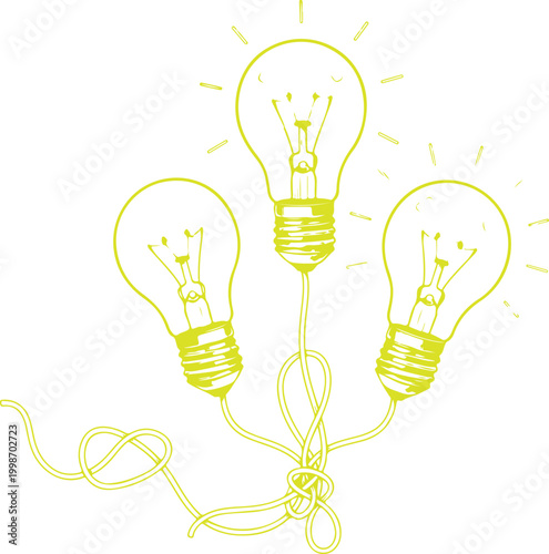 Three ideas light bulbs connected together with a switch Vector, illustration