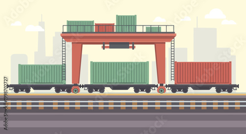 Gantry Crane Loading Containers onto Freight Train at Terminal.