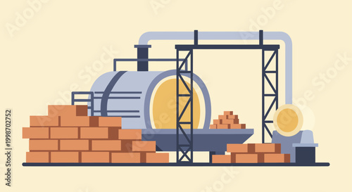 Industrial brick production factory with kiln and stacked bricks.
