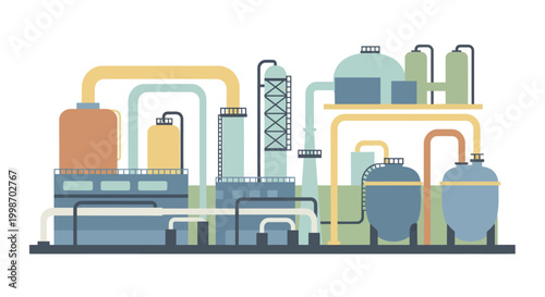Industrial Chemical Plant with Pipes and Tanks.
