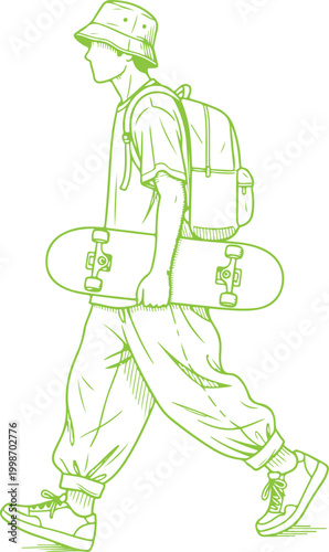 Man walking with surfboard and backpack Vector, illustration