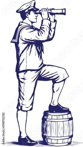 Man in sailor clothes looking through a telescope on a barrel Vector, illustration