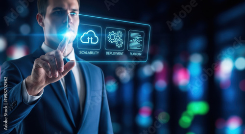 Businessman pointing at PaaS technology on futuristic digital interface screen, cloud application platform, software development system, enterprise IT solution concept