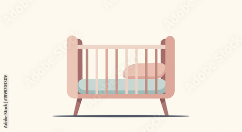 Minimalist Pink Baby Crib with Blue Striped Blanket and Pillow.