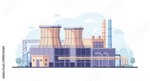 Modern Industrial Power Plant with Cooling Towers and Chimneys.