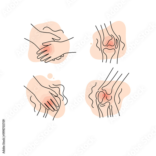 Medical illustrations of human body parts with pain and inflammation in watercolor style.