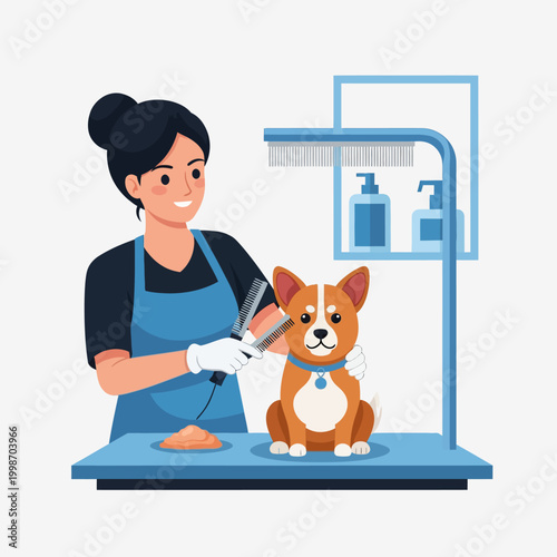 Professional dog groomer giving a cute corgi a haircut in a pet salon.