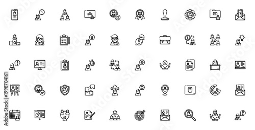 Employment icon set. Vector business icons pack. Includes symbols for career, job, resume, teamwork, salary, contract, promotion and more. Editable stroke.