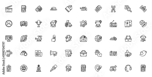 News icon set. Vector illustration. Minimal line icons pack. Includes clapperboard, microphone, journalist, television, newspaper, satellite, smartphone and more. Editable stroke.