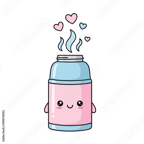 Kawaii Thermos Bottle with Hearts and Steam, Cute Cartoon Drink Container