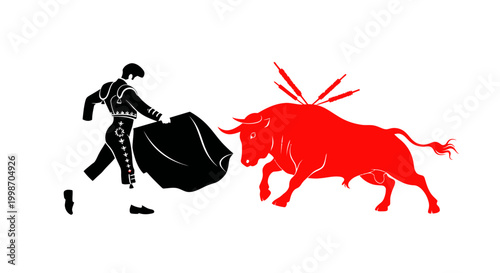 Matador and Bull Fight Silhouette, Spanish Bullfighting Culture, Red Bull Charge