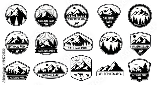 National Park Badges Set: Mountains, Wildlife, Wilderness Area Emblems