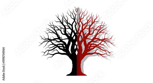 Split Tree: Black and Red Branches, Contrast, Duality, White Background