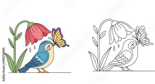 Cute Bird and Butterfly with Flower Vector Illustration - Charming Nature Scene for Coloring