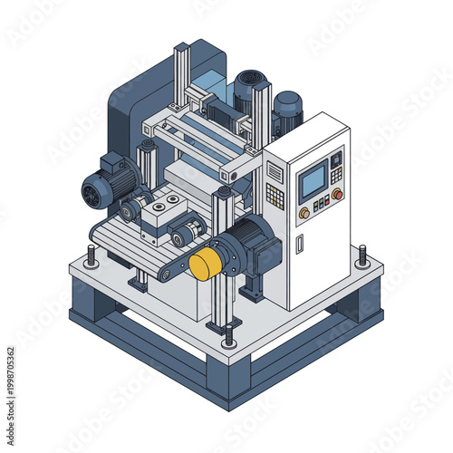 Isometric Industrial Machine for Manufacturing and Production Processes.