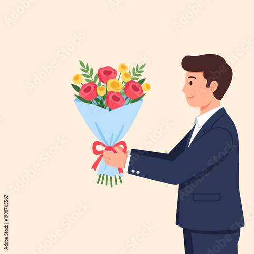 Man in a suit holding a beautiful bouquet of colorful flowers as a gift.